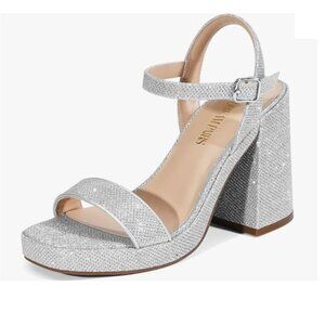 Block Chunky Platform High Heels Open Toe, Silver Glitter